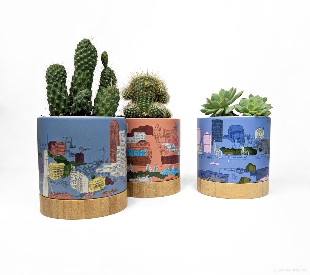 Drawn Together trio of ceramic planter pots